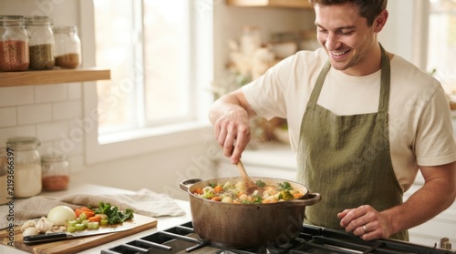 Smiling Young Man Cooking Fresh Vegetable Soup in Large Pot in Bright Modern Home Kitchen