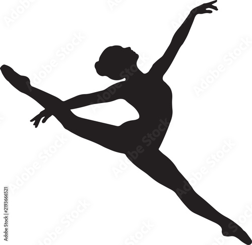 Ballet Dancer Leaping Silhouette Vector Illustration, Female Ballerina Jump Pose Black Silhouette Design