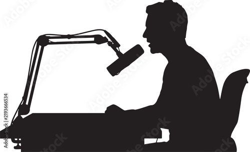 Man Speaking into Podcast Microphone Silhouette Vector Illustration, Radio Host Talking into Mic Black Silhouette Design