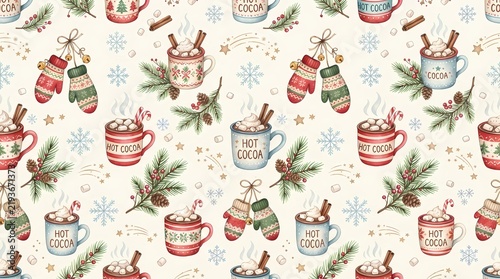 Watercolor seamless pattern with hot cocoa mugs mittens and pine branches