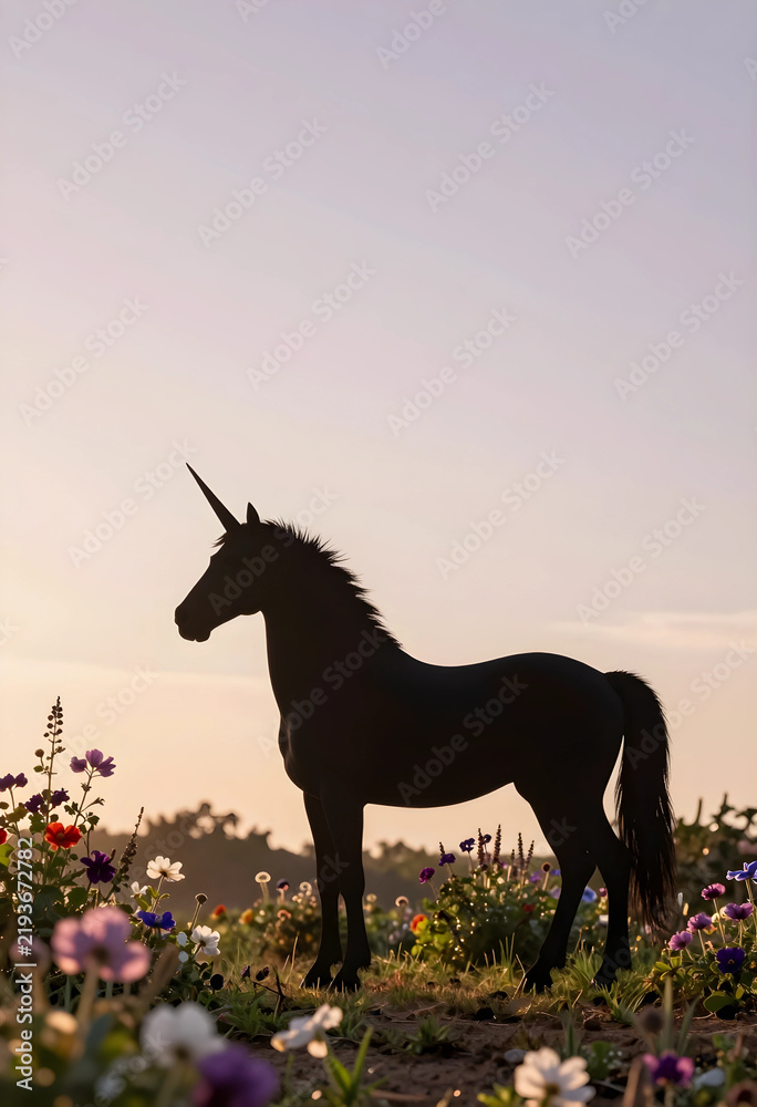Obraz premium Fantasy and imagination concept, silhouette of a unicorn standing in a wildflower meadow at sunset with soft golden hour light and magical atmosphere