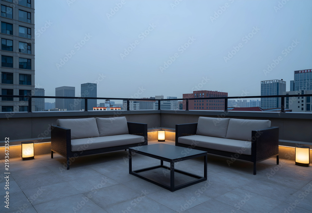 Obraz premium Urban lifestyle and real estate, modern rooftop terrace with lounge furniture and city skyline view at twilight for luxury living and social gathering