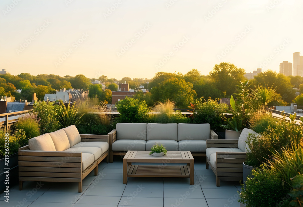 Fototapeta premium Urban rooftop garden and outdoor living space, luxury terrace lounge with modern furniture and sunset skyline view for relaxation and lifestyle design