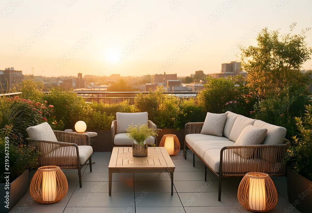 Obraz premium Urban lifestyle and luxury rooftop terrace, modern outdoor furniture with sunset city skyline view for relaxation and high-end real estate living