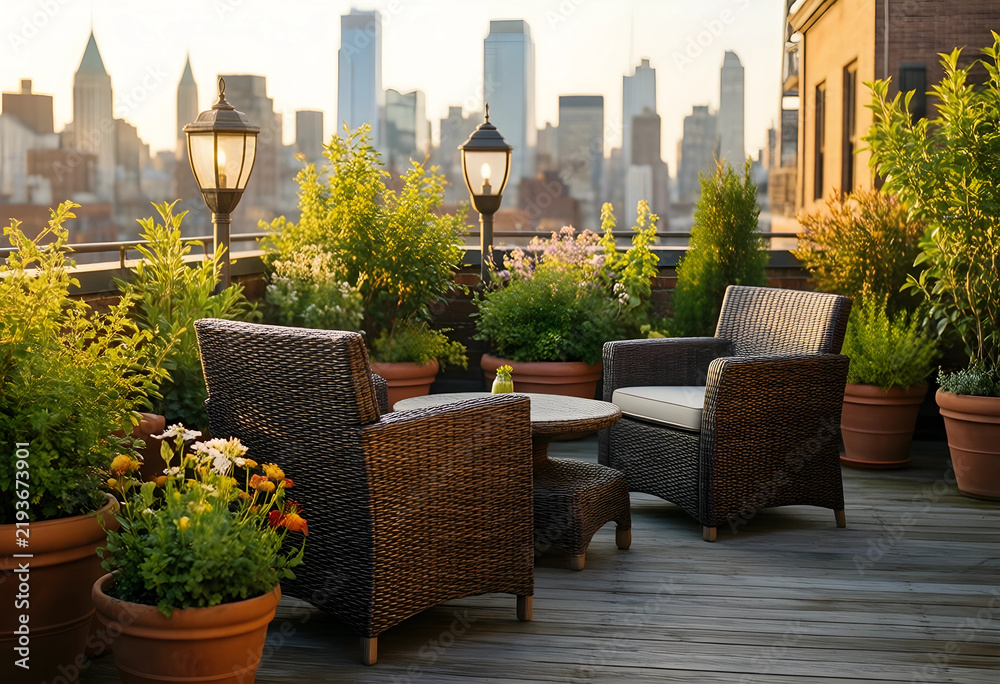 Obraz premium Urban lifestyle and luxury living, rooftop terrace with wicker furniture and potted plants overlooking a city skyline at sunset for real estate concepts