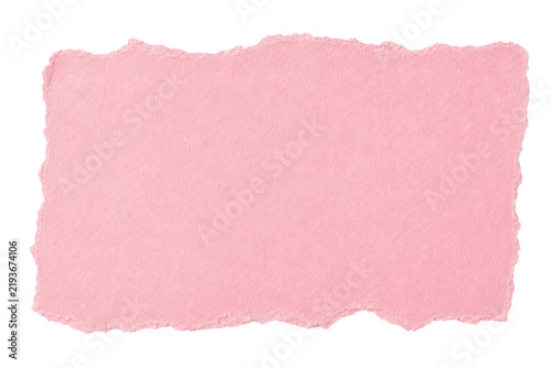 A rectangular piece of pink paper with rough torn edges isolated on a clean white background