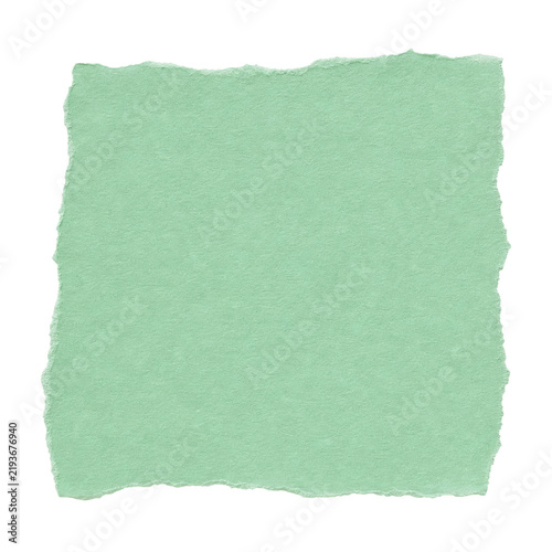 A square piece of light green paper with rough torn edges isolated on a white background