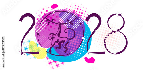 2028 Happy New Year. Year of the Monkey. Hand drawn. Not AI, vector illustration.