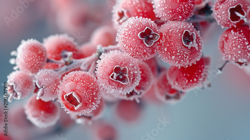 close up of Frost-covered red berries in the cold of winter