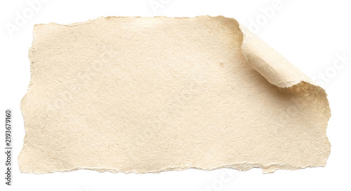 Obraz na płótnie A piece of textured handmade paper with a curled corner isolated on a clean whit