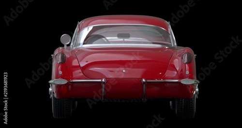 3D red classic sports car shown from the rear in a seamless speeding loop animation. 4K resolution with alpha channel, ideal for automotive, transportation and motion graphics projects.