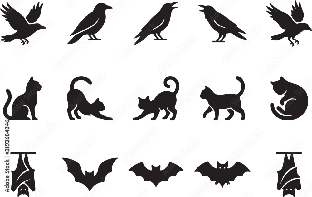Fototapeta premium Halloween silhouette icon set of crows cats and bats