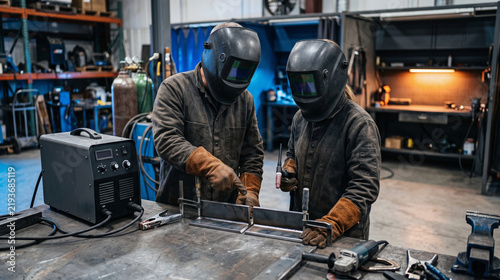 Mentor teaches welding safety and technique to an apprentice