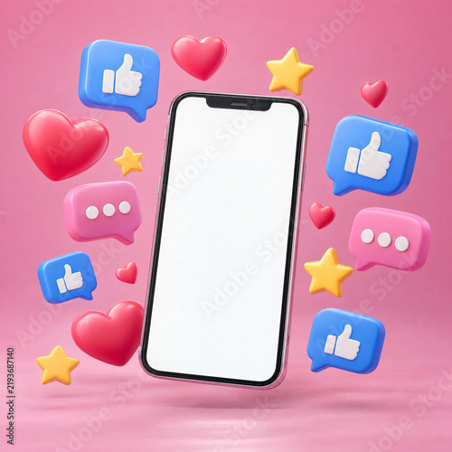 Smartphone with a blank screen surrounded by floating hearts, likes, comments and stars on pink