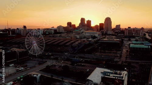Aerial View of St. Louis Skyline at Sunset with Gateway Arch and Union Station