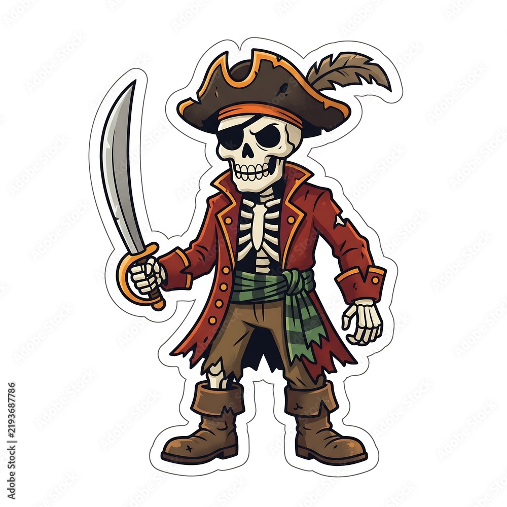 Obraz premium Cartoon skeleton pirate holding a cutlass sword as a die-cut sticker design