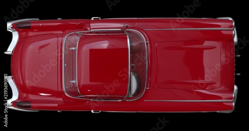 3D red classic sports car shown from the top in a seamless speeding loop animation. 4K resolution with alpha channel, ideal for automotive, transportation and motion graphics projects.