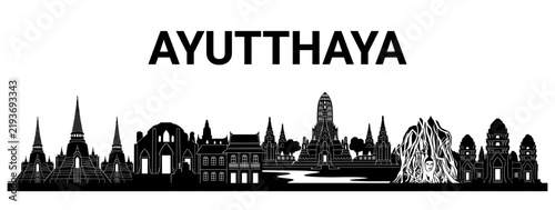 Ayutthaya Thailand Skyline Silhouette Vector Illustration, Ancient Thai Temples and Landmarks Stencil Graphic Isolated on White