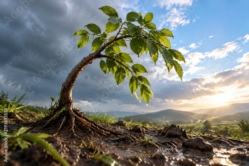 Young sapling bent by a storm in wet soil, sky clearing.