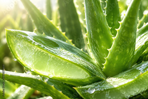Plump aloe vera leaves in sunlight showing translucent, fleshy texture.