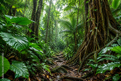 Dense tropical jungle with broad leaves and aerial roots, immersive nature concept.