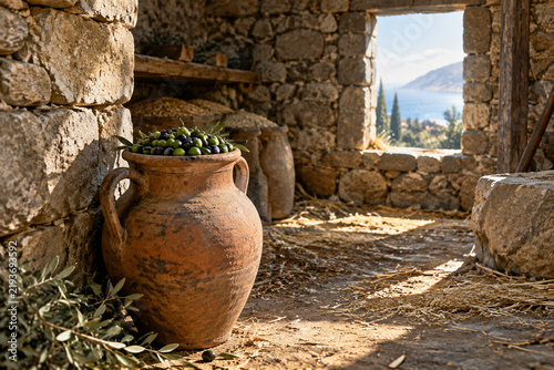 Ancient Greek granary ruin with terracotta amphora filled with olives in morning light.