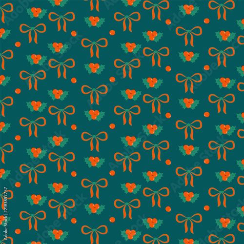 Seamless Christmas Pattern with Decorative Bows and Holly Berries