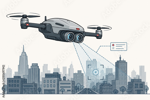 A drone with propellers flies over the city, watching with cameras that look like eyes. Cartoon image of a drone of the future in flight over a city