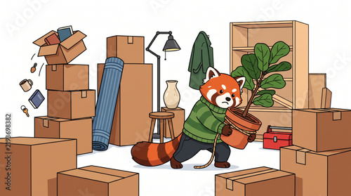 Red panda character carrying cardboard boxes during a residential apartment move
