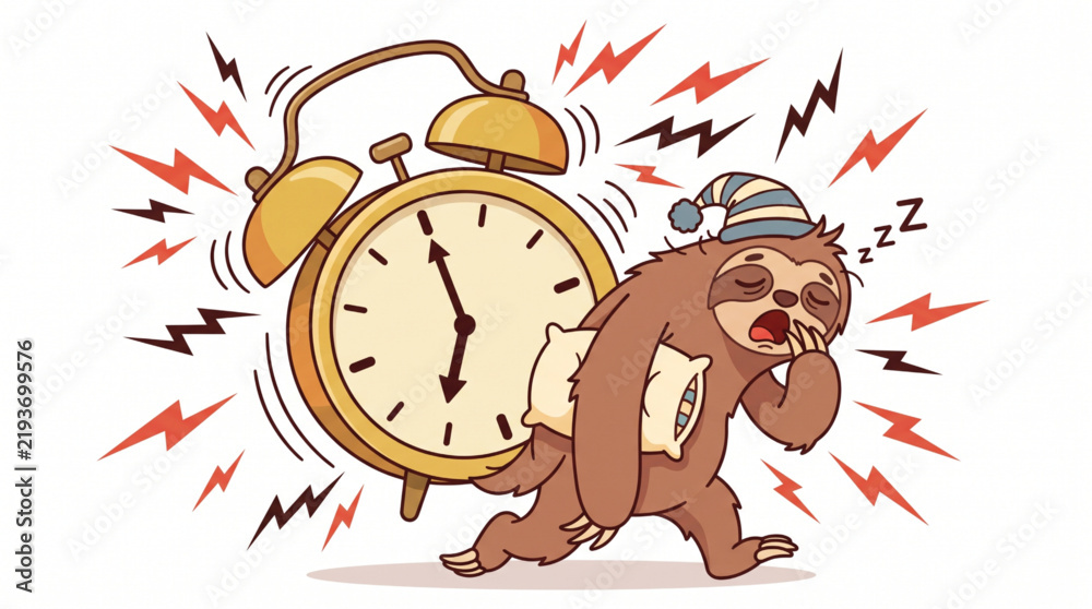 Fototapeta premium Cute sloth character carrying a vintage alarm clock in a flat vector illustration