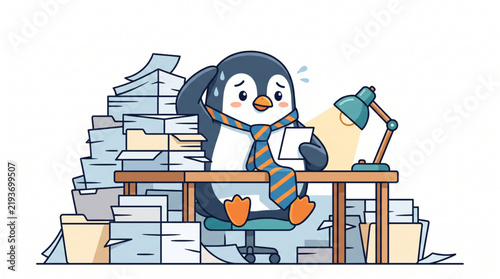 Overwhelmed penguin character sitting at an office desk with a laptop and files