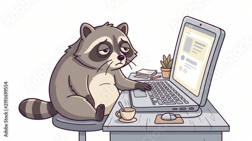 Exhausted raccoon sitting at a laptop computer working in a home office setting