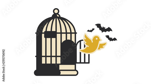Принти на полотні Bird escaping from a birdcage with bats flying