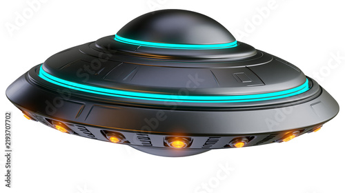 Fotografie Sleek metallic flying saucer with glowing blue and orange lights, isolated on tr