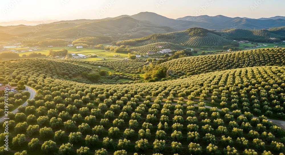Fototapeta premium Aerial view of expansive vineyard landscape with rolling hills and mountain backdrop during golden hour