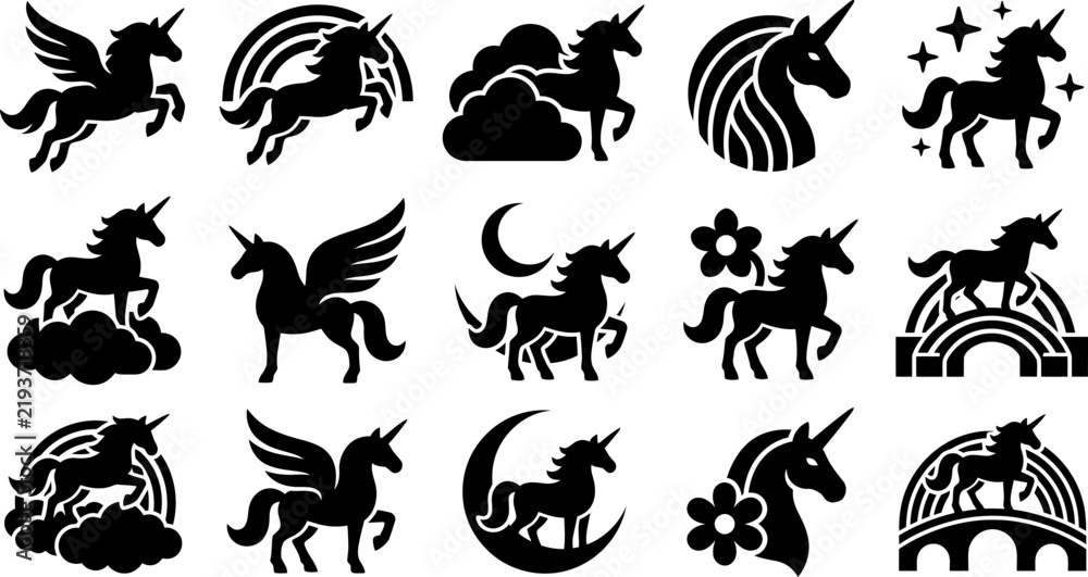 Obraz premium Magical unicorn and rainbow silhouette vector icon set