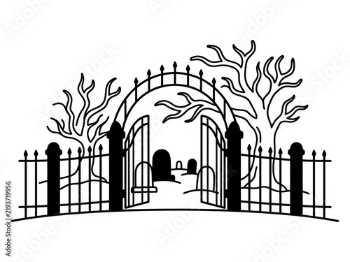 Open cemetery gate with bare trees