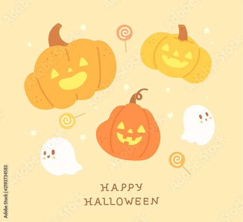 Set of cute halloween illustration. Hand drawn pumpkin, ghost and lollipop cartoon for Halloween festival. Adorable design for kids. Flat vector illustration.