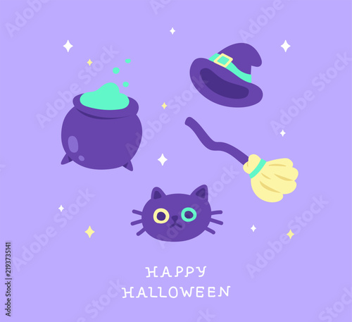 Halloween element cartoon illustration. Cute hand-drawn witch hat, broom, megic pot and cat vector for Halloween invitation card, decoration, banner, greeting card. Spooky element for sticker.