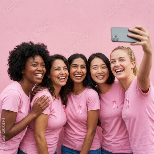 Diverse Women Friends Taking Selfie Together Wearing Pink Shirts