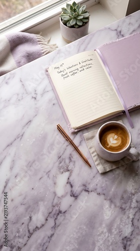 Cozy top view of gratitude journaling by window with handwritten intentions, latte art coffee, rose gold pen, succulent plant and marble surface for calm morning routine.