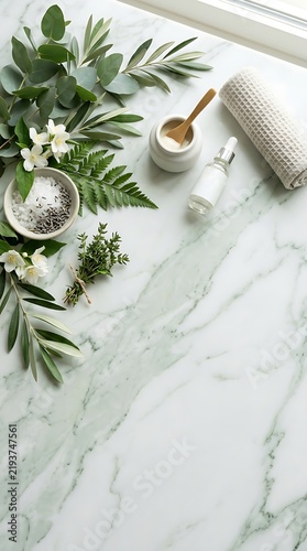 Top view spa aesthetic with natural skincare products on white marble table, eucalyptus leaves, jasmine flowers, sea salt, cream jar, serum bottle and towel for wellness concept.