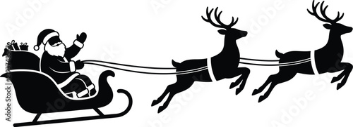 Black silhouette of santa claus in a sleigh with reindeer isolated on transparent background