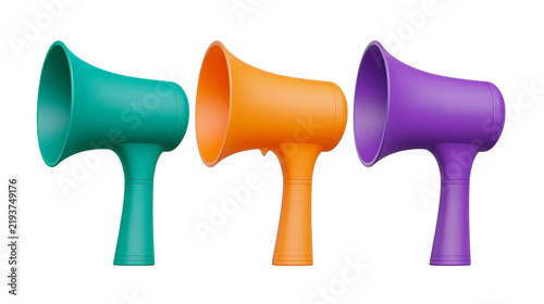 Canvastavla Isolated three vibrant teal orange purple megaphones next to bold white text F (