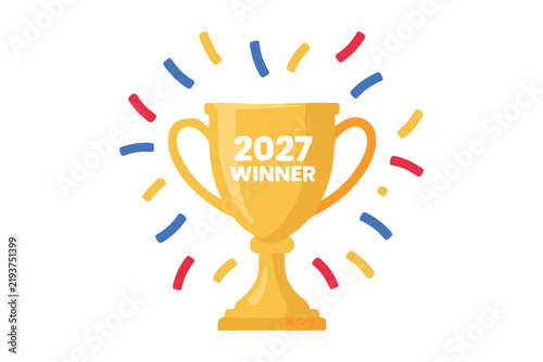 Konstfotografi 2027 Winner Trophy with Confetti: A golden trophy representing victory in the year 2027 is surrounded by colorful celebratory confetti, symbolizing a significant achievement or upcoming success