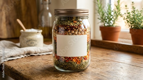 Glass jar filled with dried herbs and spices with a blank label on a kitchen counter