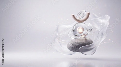 Minimalist spa and wellness background with levitating rocks and transparent flowing shapes