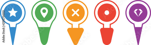 Set of colorful map location pointer icons with various symbols for navigation and web design