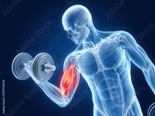 An anatomical illustration showing a human body exercising with a dumbbell, highlighting the biceps.