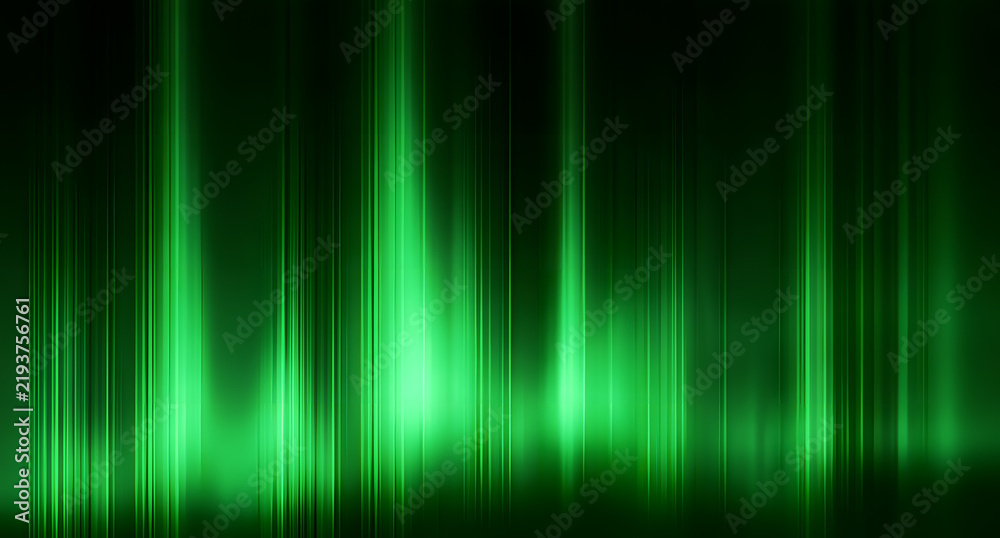 Obraz premium A modern digital design backdrop, featuring an abstract green gradient background with vertical light streaks, a luminous glow, soft blur, and layered illumination, enhances the atmosphere for tech-ce
